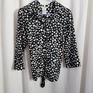 Fred David Stretch Blouse B/W Polka Dots Waist tie XL Classic Workwear Chic EUC